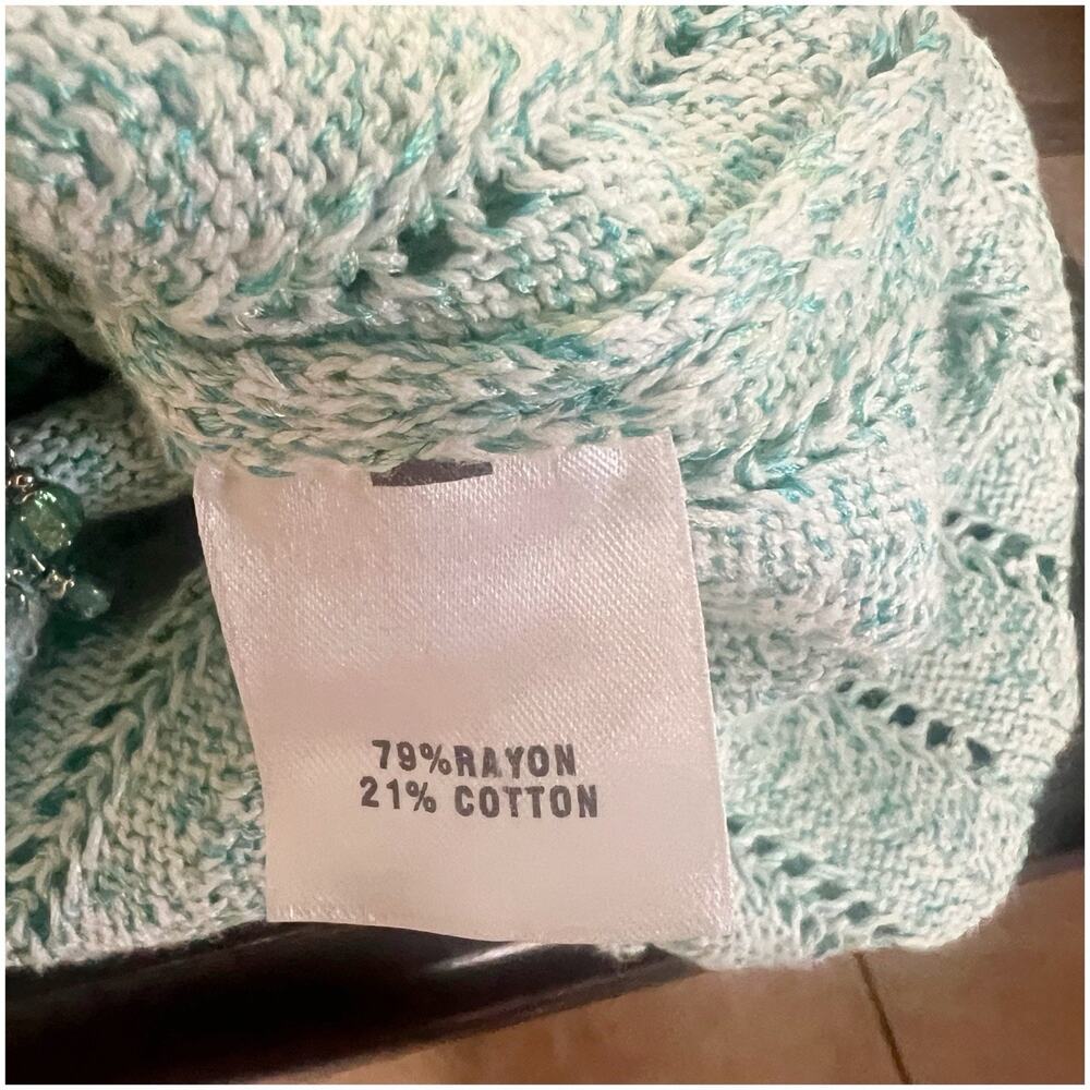 St. John Sport Crochet Longline Knit Cardigan Teal Size Small Petite Beaded Hook - Picture 14 of 16
